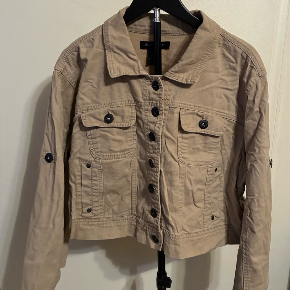 Ashley Stewart Tan Cropped Twill Jean Jacket Utility Wide Cuff Classic Clean 2X - Picture 5 of 9